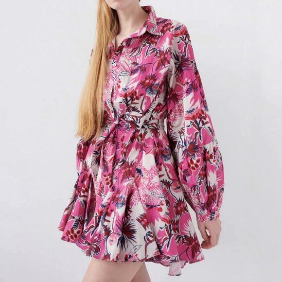 Chufy Ushi Mini Dress Pink Floral Long Sleeve Collared Button Down - Picture 1 of 8